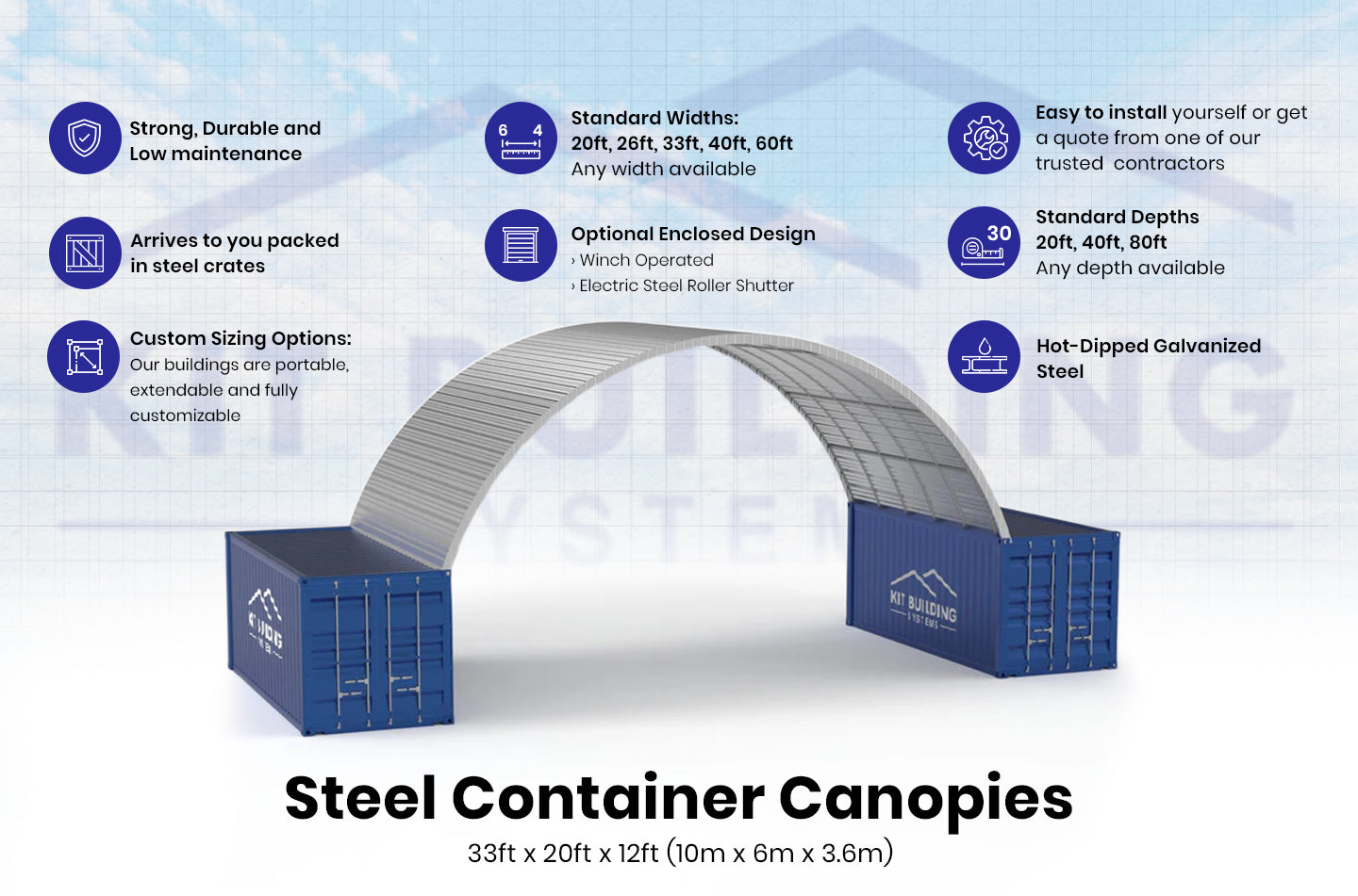 10m (33ft) Spannweite | Stahlcontainer-Vordächer - 33ft x 12ft (10m x 3,6m)